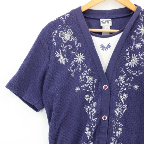 Vintage Koret Francisca Shirt Top Womens Navy Blue Short Sleeve V Neck Floral S - Picture 3 of 9